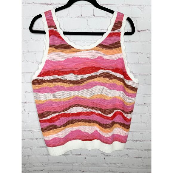 LOFT Wavy Stripe Scoop Neck Sweater Tank Top Pink Zinnia Knit Womens XL - Picture 4 of 5
